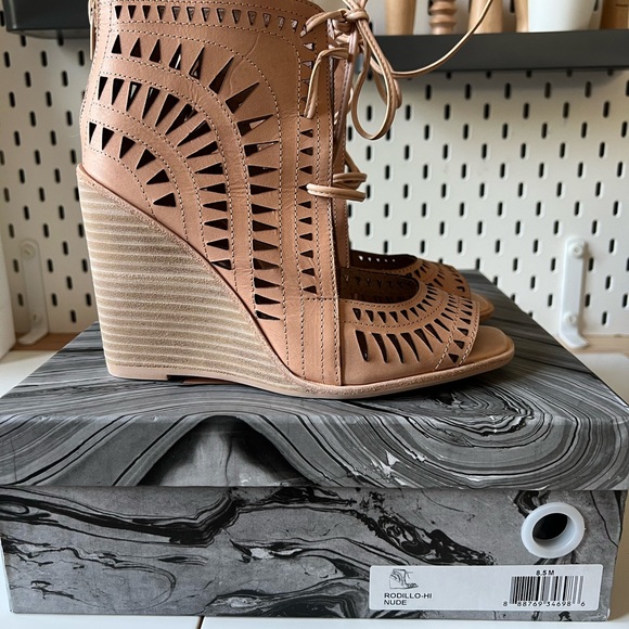 Jeffrey Campbell Rodillo-Hi Tan Nude Wedge Booties with Laser-Cut Design - Picture 2 of 13